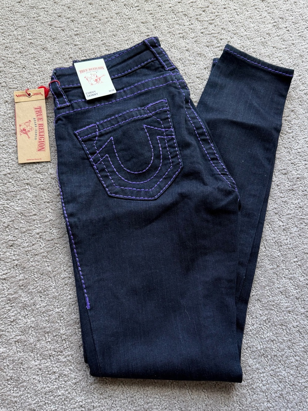 True Religion Dark Denim Jeans with Purple Stitching